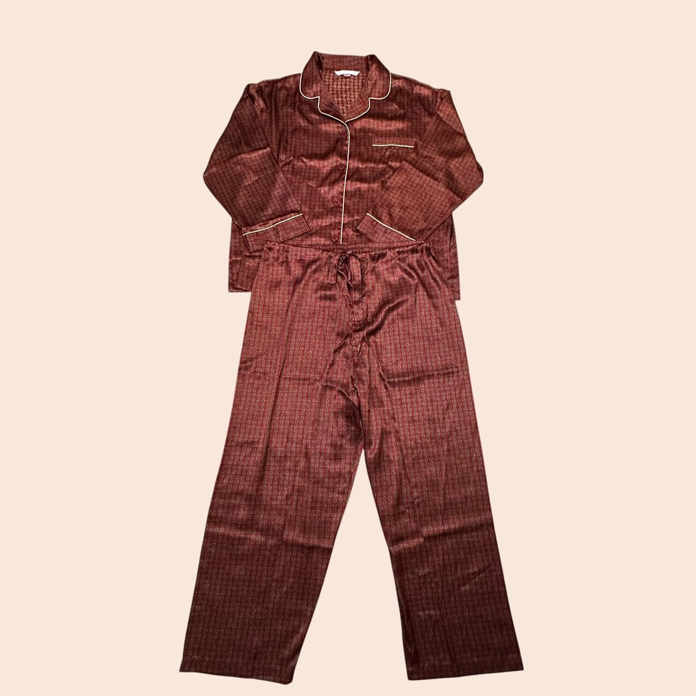 Victorias Secret Womens Button-Up Shirt Pajama Set Red Satin Paisley Print sz XL